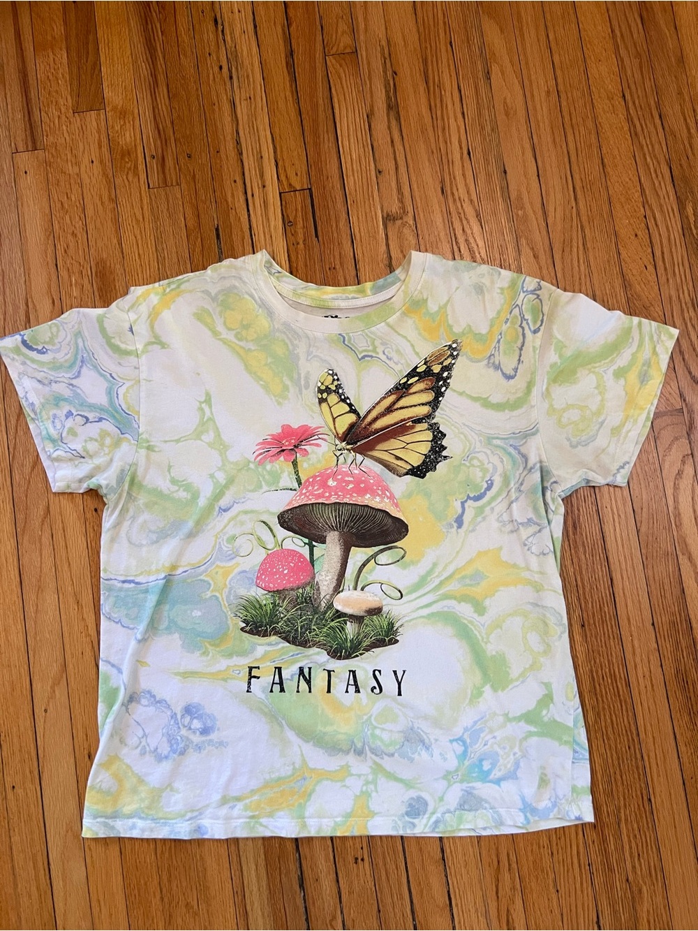 Tie-Dye 'Fantasy' Butterfly & Mushroom Tee, Vintage Retro Style